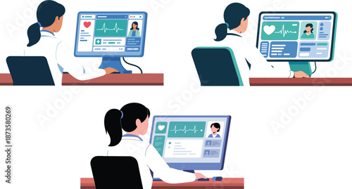 Set of professional female doctor characters sitting at desks and working on computers with electronic health records EHR interface for hospital medical data analysis