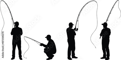Silhouette of fishermen holding fishing rods, casting lines, and catching fish, set against a plain white background, isolated, professional outdoors. (20 words)