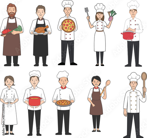 Set of professional male and female chef characters wearing white uniform and hat holding pizza roast chicken and cooking tools for restaurant kitchen service