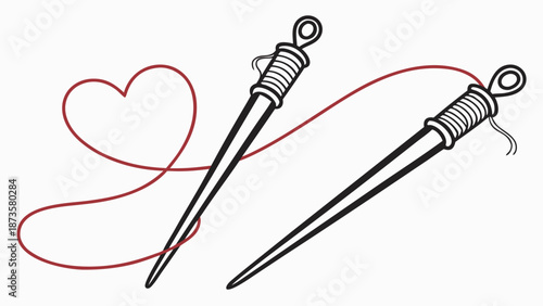Creative Sewing Needles Red Heart Thread Craft with vector illustration