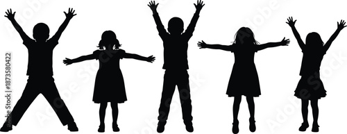 Silhouette of Happy Children Group Jumping and Cheering with Arms Raised Isolated on White Background for Childhood and Success Concept