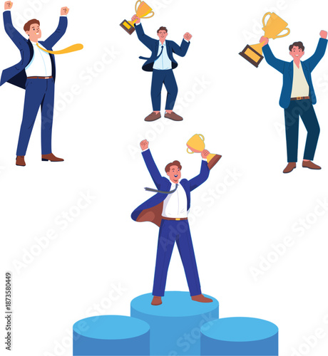 Successful businessman character celebrating victory holding gold trophy cup on winners podium for business achievement goal accomplishment and professional leadership success