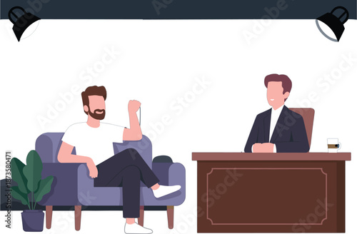 Television talk show interview scene with host at desk and guest on sofa in a professional studio setting