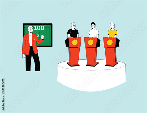 Television game show vector illustration with host and contestants at podiums for trivia, competition, and entertainment concept design