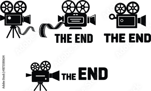 Vintage movie projector and film strip silhouettes with The End text for cinema, motion picture, and film industry design