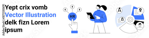 Recruitment, payroll, digital transformation, workforce analytics, HR automation, employee management. A hand pointing to HR icon, woman holding tablet teamwork graphics. Recruitment and employee