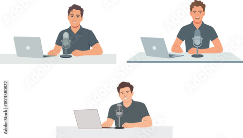 Young male podcaster and content creator character set with microphone and laptop for streaming and digital media broadcasting