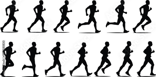Silhouette of Male Athlete Running Collection with Various Sprinting and Jogging Poses Isolated on White Background for Sports and Fitness Concept
