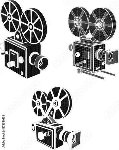 Vintage film projector and movie camera collection set in black and white line art vector style for retro cinema designs
