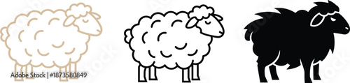Professional sheep icon set featuring tan outline black outline and solid black woolly lamb symbols for livestock branding.