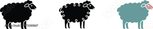Professional sheep icon set featuring solid black silhouettes and white outline woolly lamb symbols for livestock farm branding.