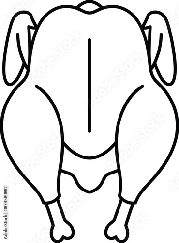 Professional black outline whole raw chicken icon for butchery meat shop labeling and poultry cooking instruction graphic design.