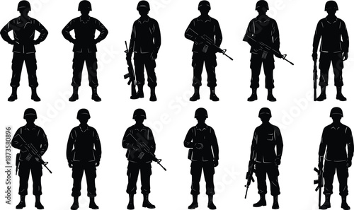 Silhouette of Military Soldier Group Standing with Weapons and Rifles Isolated on White Background for Army Defense and War Concept