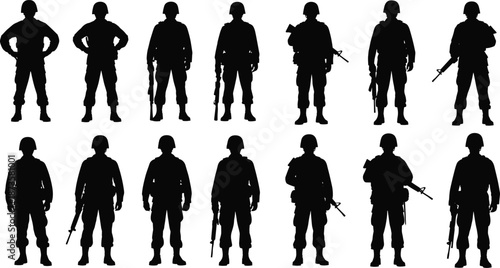 Silhouette of Military Soldier Group Standing with Weapons and Rifles Isolated on White Background for Army Defense and War Concept