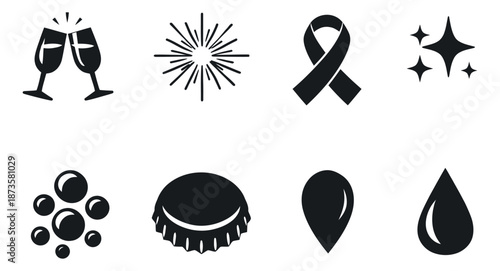 Essential pictogram set featuring celebration, liquid, and abstract symbols for graphic design