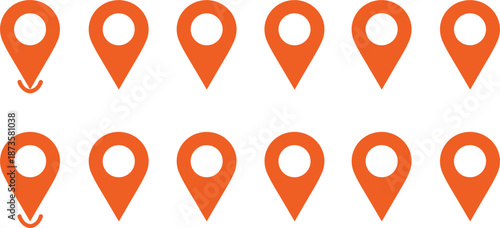 Professional orange map pin location icon set featuring multiple solid markers for navigation and geographic point tracking interfaces.