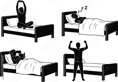 Silhouette of Person in Bed Sleeping Waking Up Stretching Reading and Standing by Furniture Isolated on White Background for Bedroom Concept
