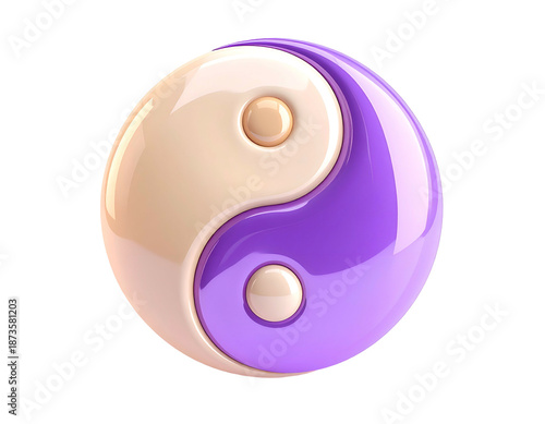 Glossy, 3D Yin-Yang symbol with cream and purple segments, on black