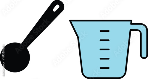 Professional kitchen measuring cup and spoon icon set featuring a blue graduated pitcher and black long handle scoop.