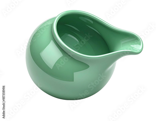 Glossy, spherical, green pitcher with a curved spout; rendered on black