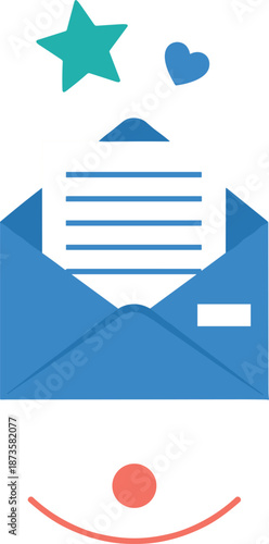Professional blue open envelope icon featuring a document insert with star and heart symbols for digital newsletter communications.