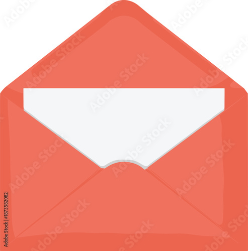 Professional coral red open envelope icon featuring a blank white document insert for digital mail and invitation concepts.