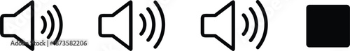 Professional grey audio speaker icon collection featuring volume levels mute symbols and multimedia status indicators for digital interfaces.