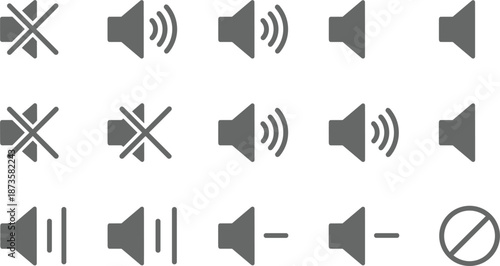 Professional grey audio speaker icon set featuring volume controls mute symbols and sound level bars for multimedia interfaces.