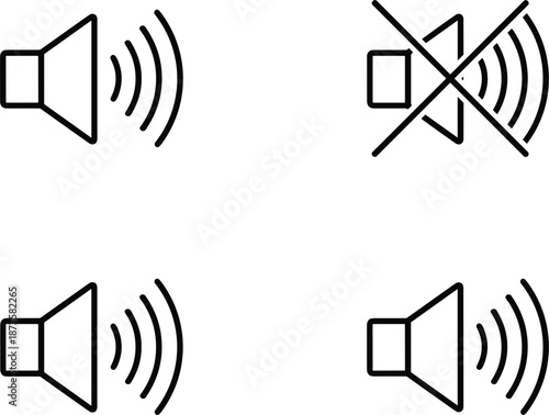 Professional audio speaker icon set featuring volume controls and mute symbol with thin black outline for multimedia interfaces.