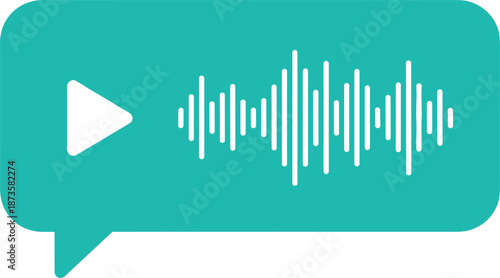 Professional audio voice message icon with play button and sound wave frequency on a turquoise speech bubble background.