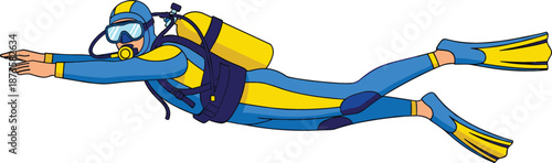 Professional scuba diver in blue and yellow wetsuit with oxygen tank and flippers swimming underwater for marine exploration
