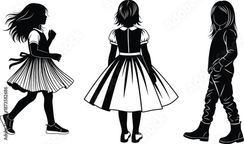 Silhouette children in varied outfits and poses, fashion icon set for casual clothing, posture design, and style reference.