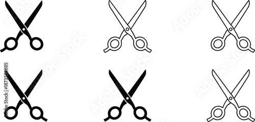 Professional barber scissors set with solid black and outline stroke icons for hair salon styling and grooming services.