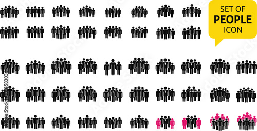 Set of diverse people icons in grid layout, black and pink silhouettes, group configurations for UI, infographic, and presentation use.
