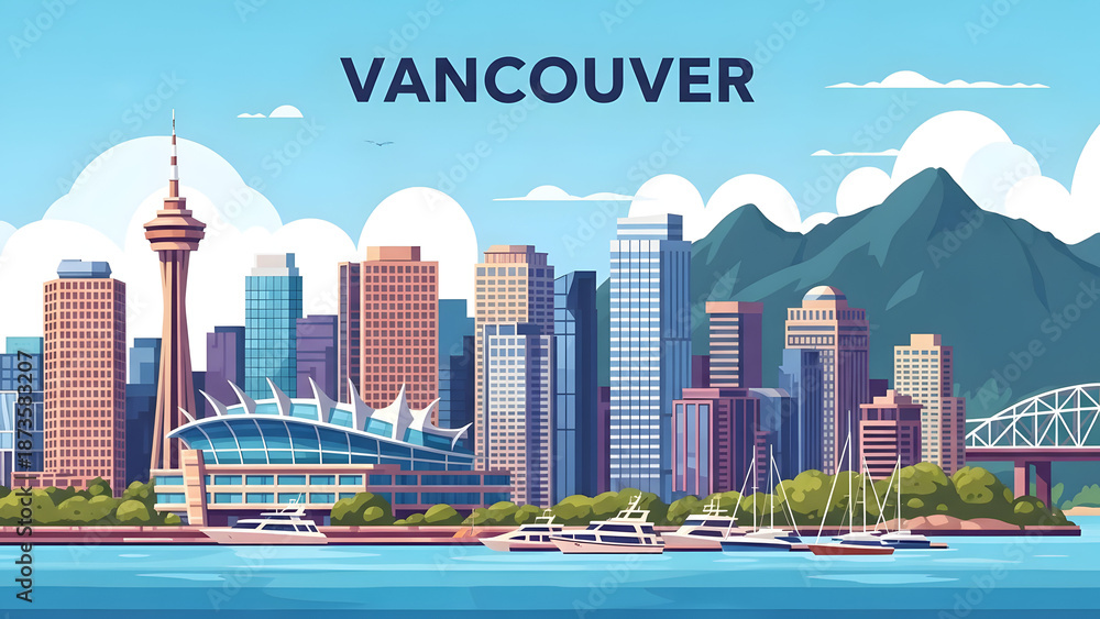 Obraz premium Artistic colorful vector graphic showcasing the urban Vancouver skyline panorama with contemporary glass skyscrapers, scenic harbor waterfront, luxury boats, and majestic mountain peaks.
