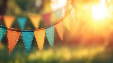 Celebration begins with colorful flags in sunset light over a garden