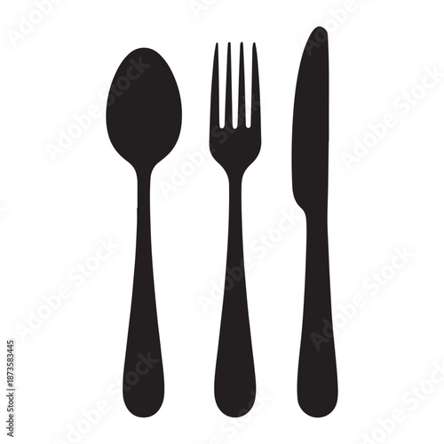 A professional set of silver metal silverware including a fork, spoon, and knife isolated on a white background for restaurant kitchen dining and table meal settings