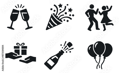 Modern glyph celebration icon set featuring party poppers, dancing, champagne, gifts, and balloons for festive events
