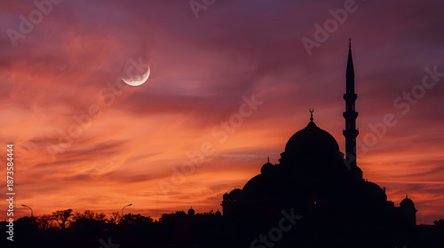 Silhouette of Mosque with Crescent Moon at Sunset Sky