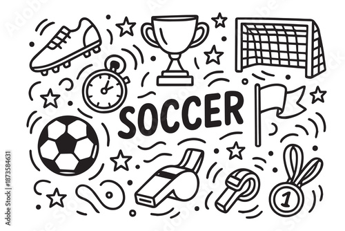 Funny doodle vector background pattern with a soccer theme, showcasing cute football illustrations, dynamic sketches, and repeating elements that bring fun, action, and lively sports vibes.