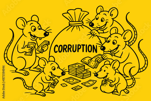 Social issue themed vector showing numerous rats distributing stolen money from a huge sack, representing corruption, greed, injustice, and the destructive impact of unethical behavior on public trust