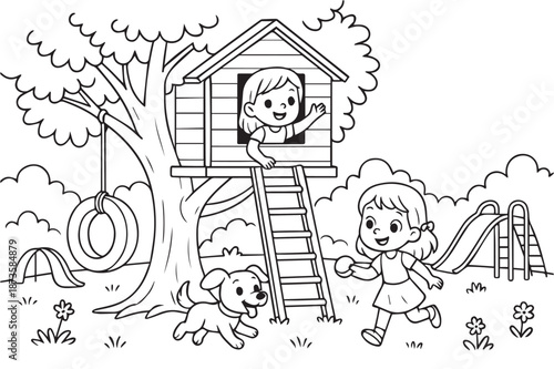 Cute vector illustration of two little girls playing happily with a friendly dog in a park, featuring a cozy wooden house, bright smiles, playful movement, and a joyful childhood atmosphere.