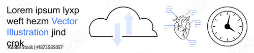 Data processing, science education, medical studies, anatomy analysis, cloud technology, time management. Cloud with arrows, heart diagram analog clock. Cloud technology and anatomy analysis