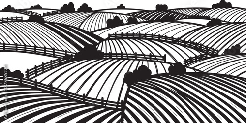 Black and White Illustration of Rolling Hills and Fences