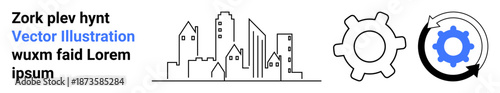 Urban development, business strategy, industry, automation, collaboration, system optimization. City skyline beside interlocking gears. Urban development and business strategy