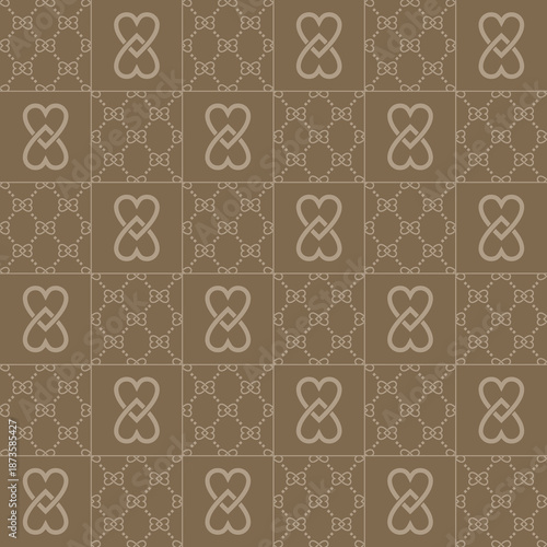 Seamless black and white geometric pattern with heart-shaped monogram motifs, luxury ornamental repeat background for fashion, textile, wallpaper and surface design.