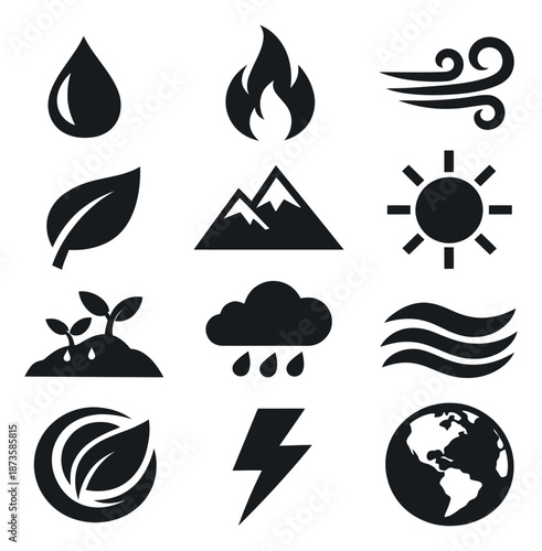 Simple glyph icon set featuring natural elements and weather symbols for environmental and science projects