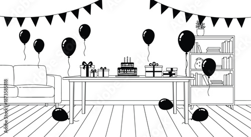 Black and white line art illustration of a living room decorated for a birthday party with cake balloons and gifts