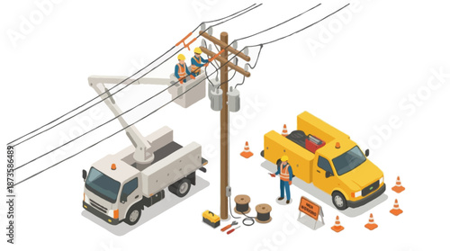 Isometric vector illustration of electrical utility maintenance