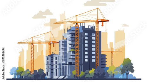 A new urban development site features high-rise cranes building a tall steel and concrete skyscraper against a clear blue sky in the heart of the city industry